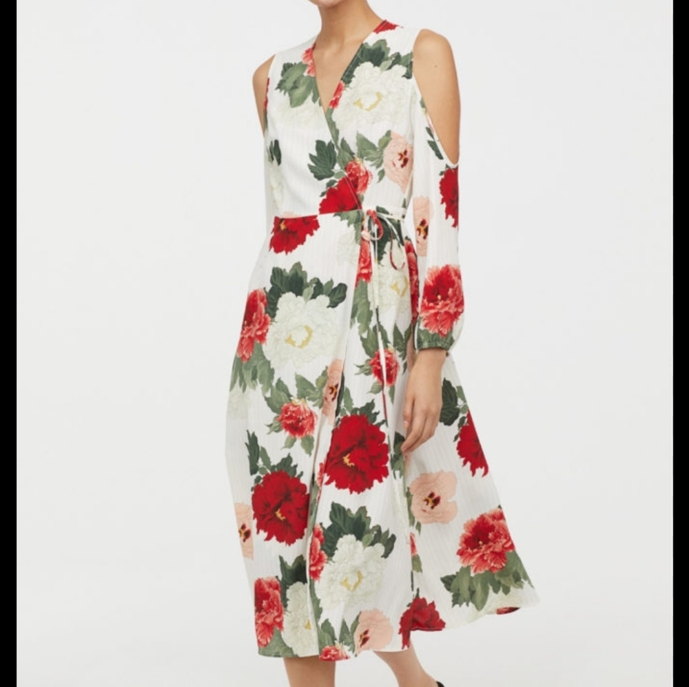 H&M S8 Floral Cold-Shoulder Wrap Summer  Dress